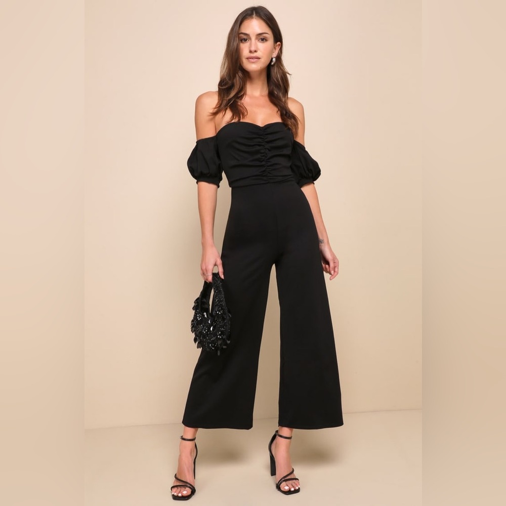 Lulu's Black Off-Shoulder Wide-Leg Jumpsuit